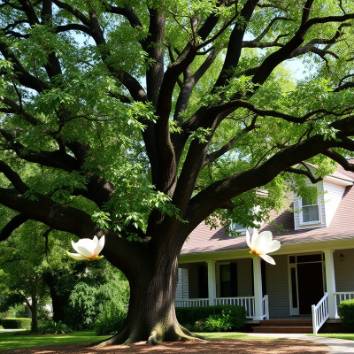 Oak tree and two magnolias enhance the landscape by a house.