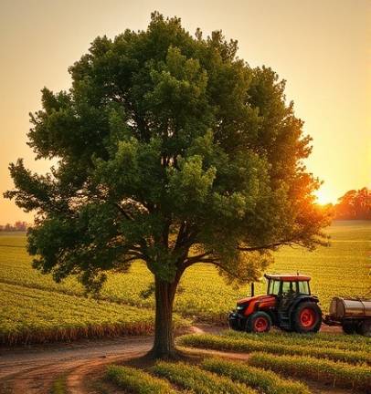 Robust maple tree, thriving post-ttree health experts | kansas city | paul weaver | 9139338733reatment, after emerald ash borer spray, photorealistic, nestled in a rural farm landscape with crops, highly detailed, tractor in the background, high dynamic range, deep green and brown, sunset lighting, shot with an 85mm lens.